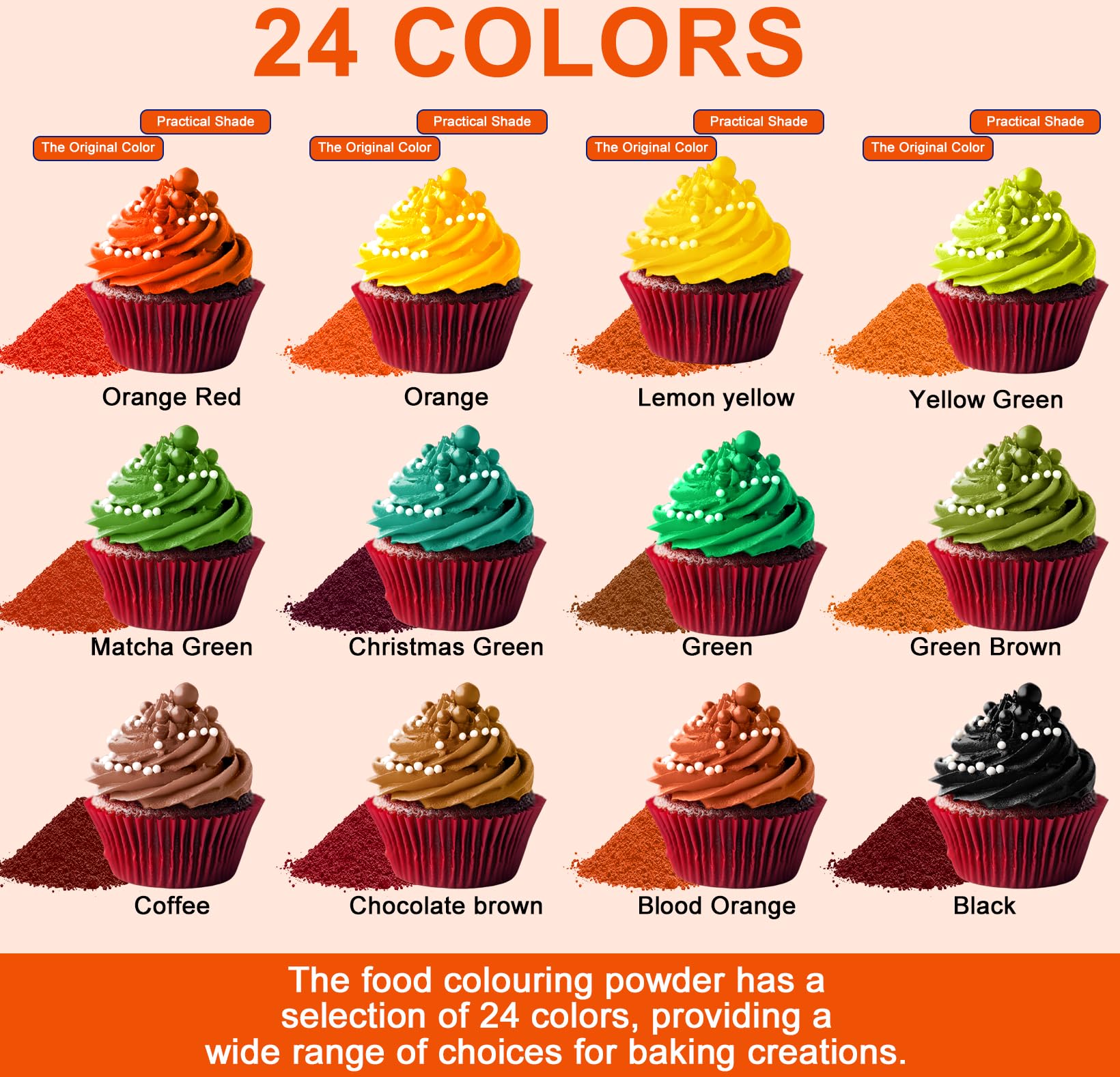 Food Coloring Powder - 24 Vibrant Colors Powder Food Coloring, Flavorless High Concentrated Food Dye for Icing, Cake Decorating, Baking, Cookies, Frosting, Slime - 2g/bottle