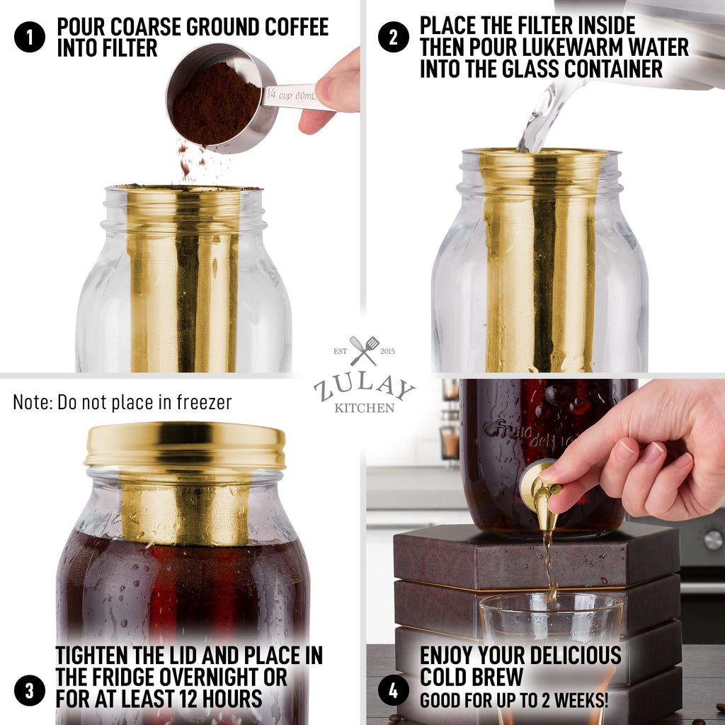 Zulay Kitchen 1.5 Liter Cold Brew Coffee Maker with EXTRA-THICK Glass Carafe & Stainless Steel Mesh Filter - Premium Iced Coffee Maker, Cold Brew Pitcher & Tea Infuser (Gold)…