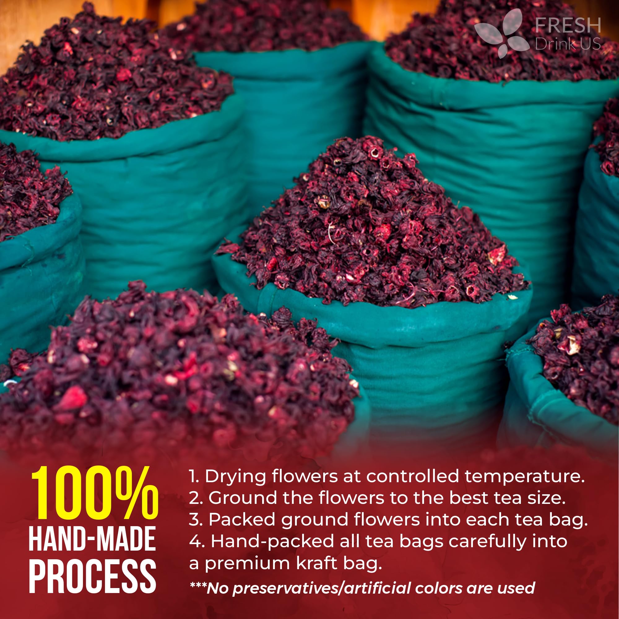FRESHDRINKUS 60 Hibiscus Flowers Tea Bags, 100% Natural, Pure from Hibiscus Flowers. Loose Flower Hibiscus Herbal Tea. Hibiscus Flower Tea. No Sugar, No Caffeine, No Gluten, Vegan.