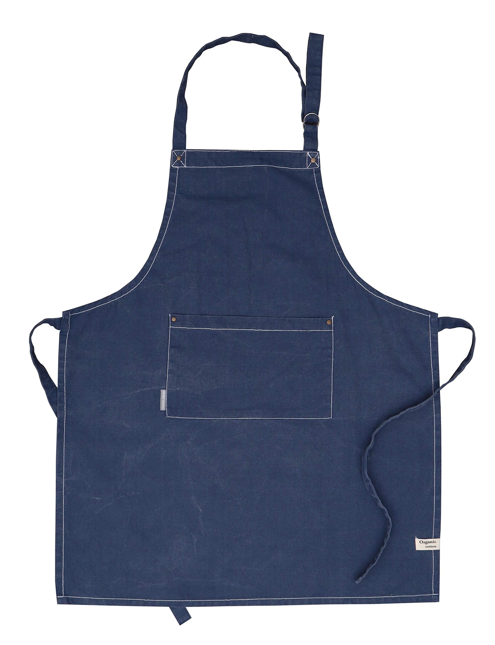 AMOUR INFINI Cotton Solid Aprons for Women with Pocket, Adjustable Strap and Waist Ties Washed Chef Aprons for Cooking, Baking and Gardening (27.5x33 Inches - Blue)