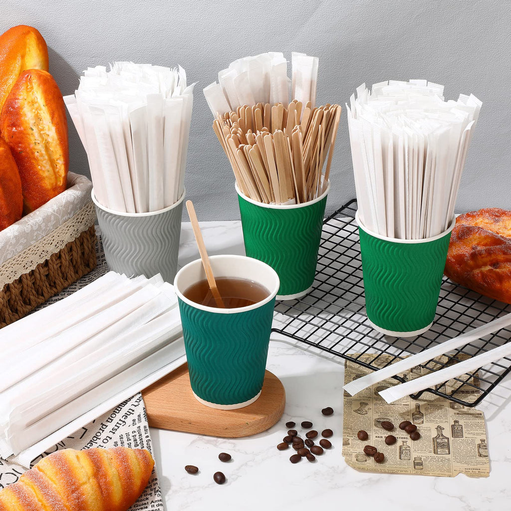 Amyhill 2000 Pcs Individually Wrapped Wooden Coffee Stirrers, Disposable Coffee Stir Sticks Round End Sticks Bulk Wood Stirrers for Cocktail Hot Drinks Restaurant Bar Home Office (7 Inch)