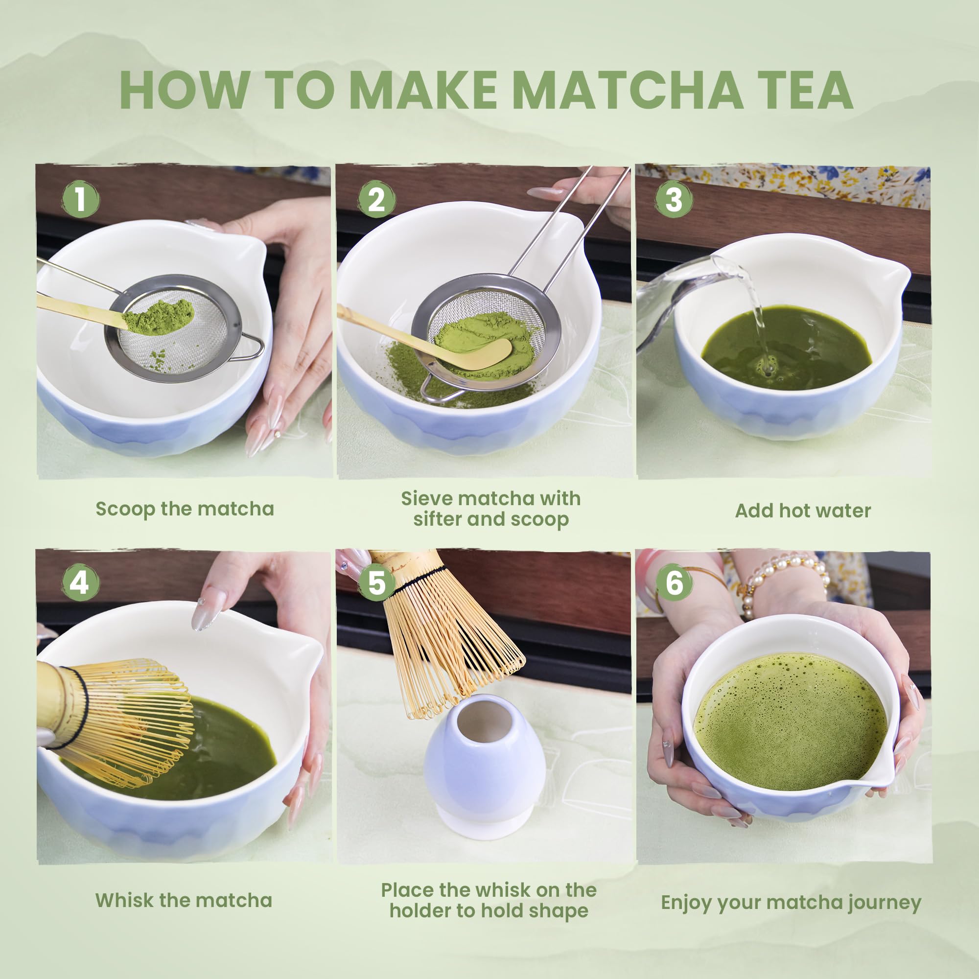 Matcha Whisk Set – Ceramic Matcha Bowl with Pour Spout, Bamboo Whisk, Whisk Holder, Scoop, Sifter – Japanese Matcha Kit for Beginners (Gradient Blue)