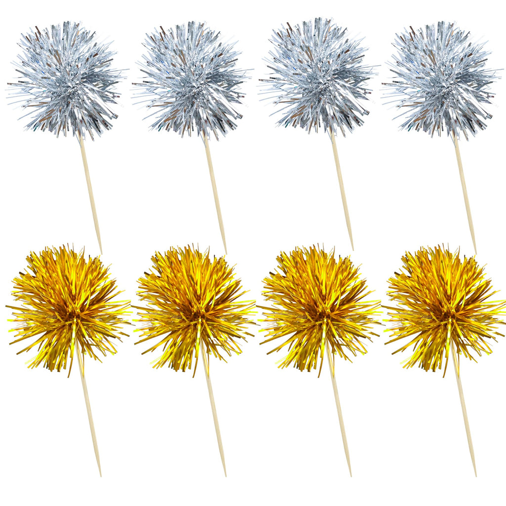 Ephlyn 30Pcs Foil Firework Cupcake Toppers Party Birthday Cake Toppers Supplies Sparkle Tinsel Cocktail Fruit Toothpick for Birthday Wedding Graduation Party Supplies Gold Silver