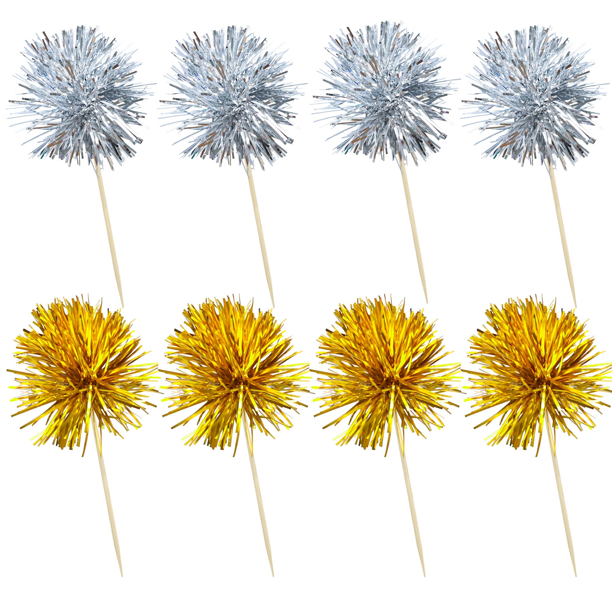 Ephlyn 30Pcs Foil Firework Cupcake Toppers Party Birthday Cake Toppers Supplies Sparkle Tinsel Cocktail Fruit Toothpick for Birthday Wedding Graduation Party Supplies Gold Silver