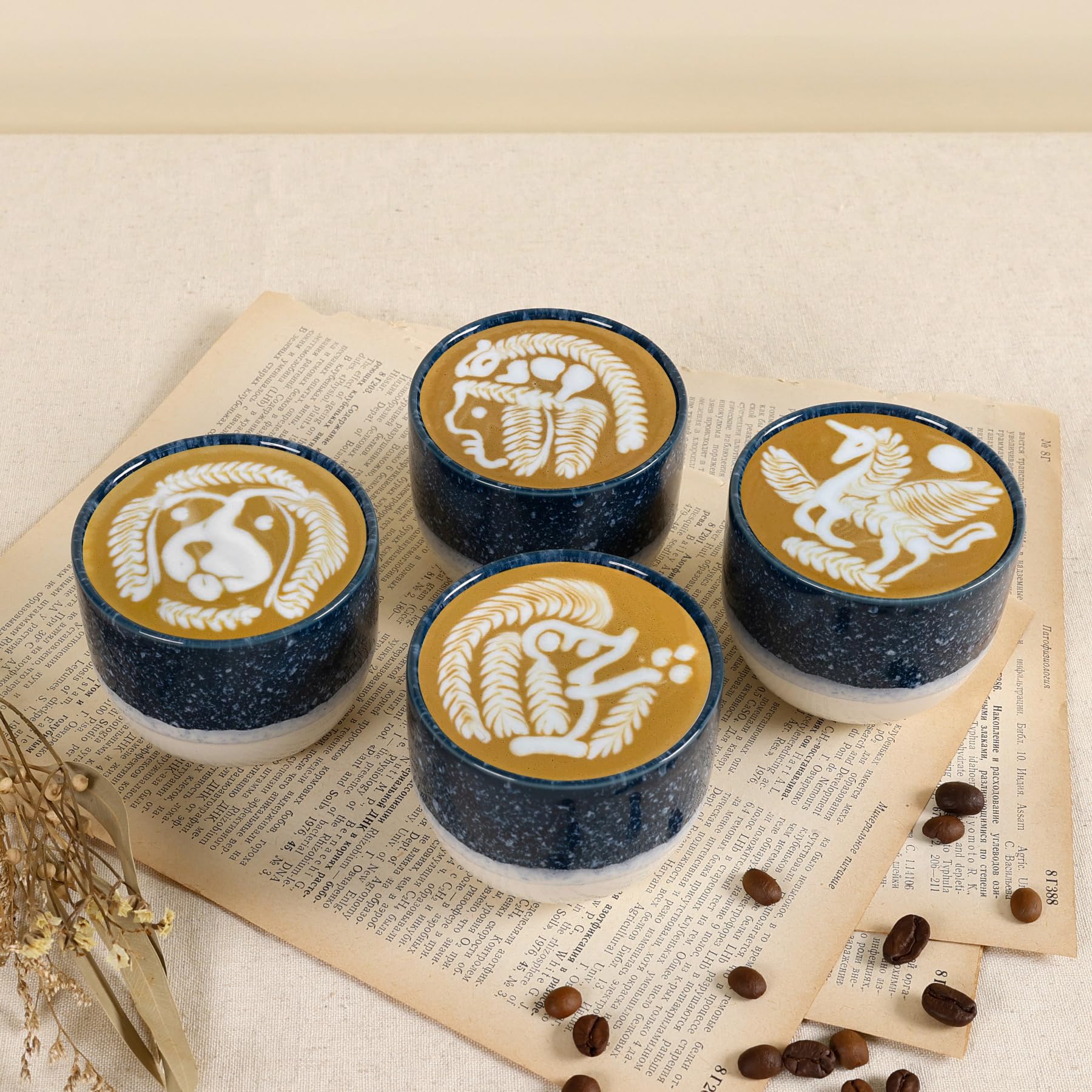 ZEBERBO Ceramic Espresso Cups Set of 4, Double Walled Espresso Coffee Mugs for Nespresso Cups, Special glazed Demitasse Cups Coffee Cup for Machine (Blue)