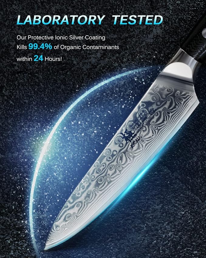 KYOKU Gin Series 5" Utility Kitchen Knife, Japanese VG10 Damascus Stainless Steel Knife with Silver Ion Blade G10 Handle Mosaic Pin, All Purpose Professional for Meat Veg and Fruit