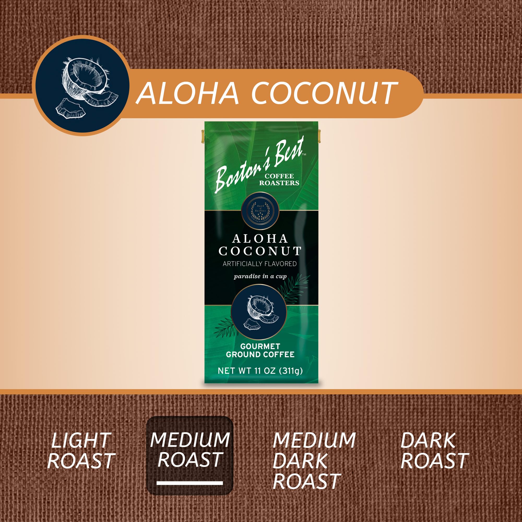Boston’s Best Coffee - Aloha Coconut Flavored Delicious Gourmet Premium Ground Coffee, 11 oz. / 311 g Bag