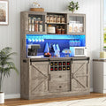74" Tall 63" Wide Larg Bar Cabinet w/ Outlet,6000-color LED Light,Pegboard,Farmhouse Hutch Bar Cabinet w/Barn Door,2 Big Drawers,Adjustable Shelves,10 Wine & Glasses Rack,5 Hook for Kitchen,OAK