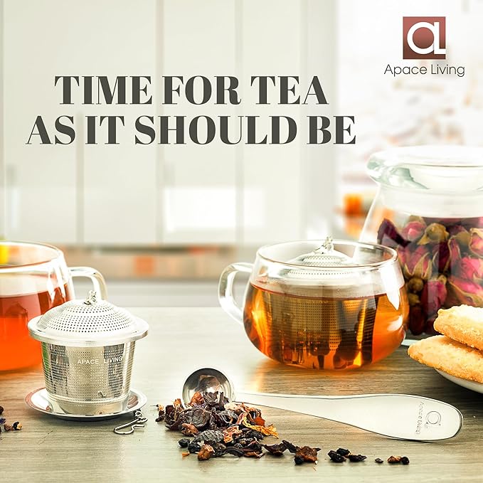 Large Tea Infuser (Set of 2) with Tea Scoop and Drip Trays by Apace – Multi Cup Size Stainless Steel Loose Leaf Tea Strainer and Steeper