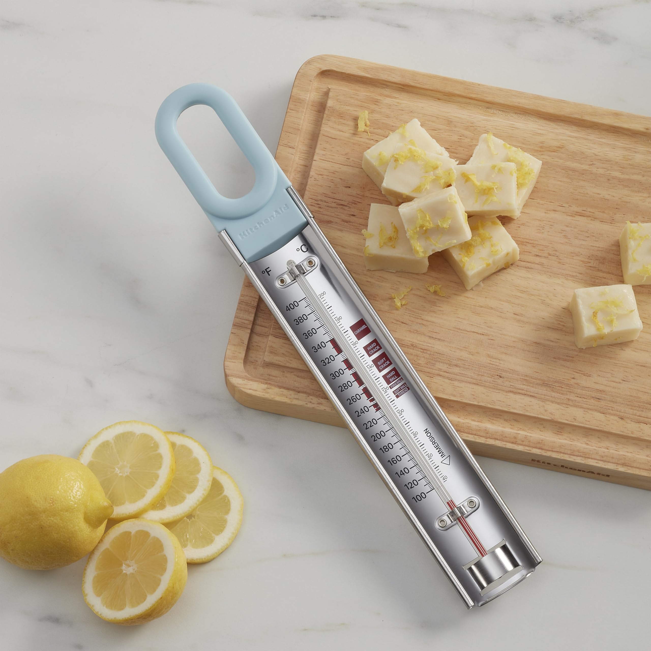 KitchenAid KQ907MW Curved Candy, Deep Fry and Craft Thermometer, Adjustable Silicone Coated Pan Clip, Mineral Water Handle