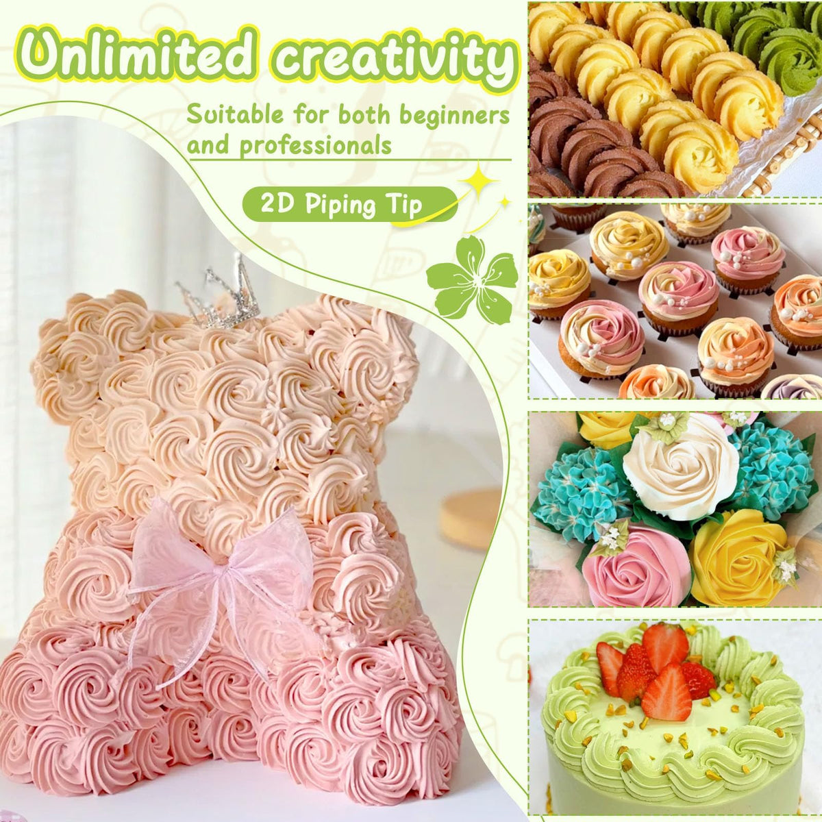 Hendiy 3pcs 2D Cake Piping Tips with 20 Piping Bags