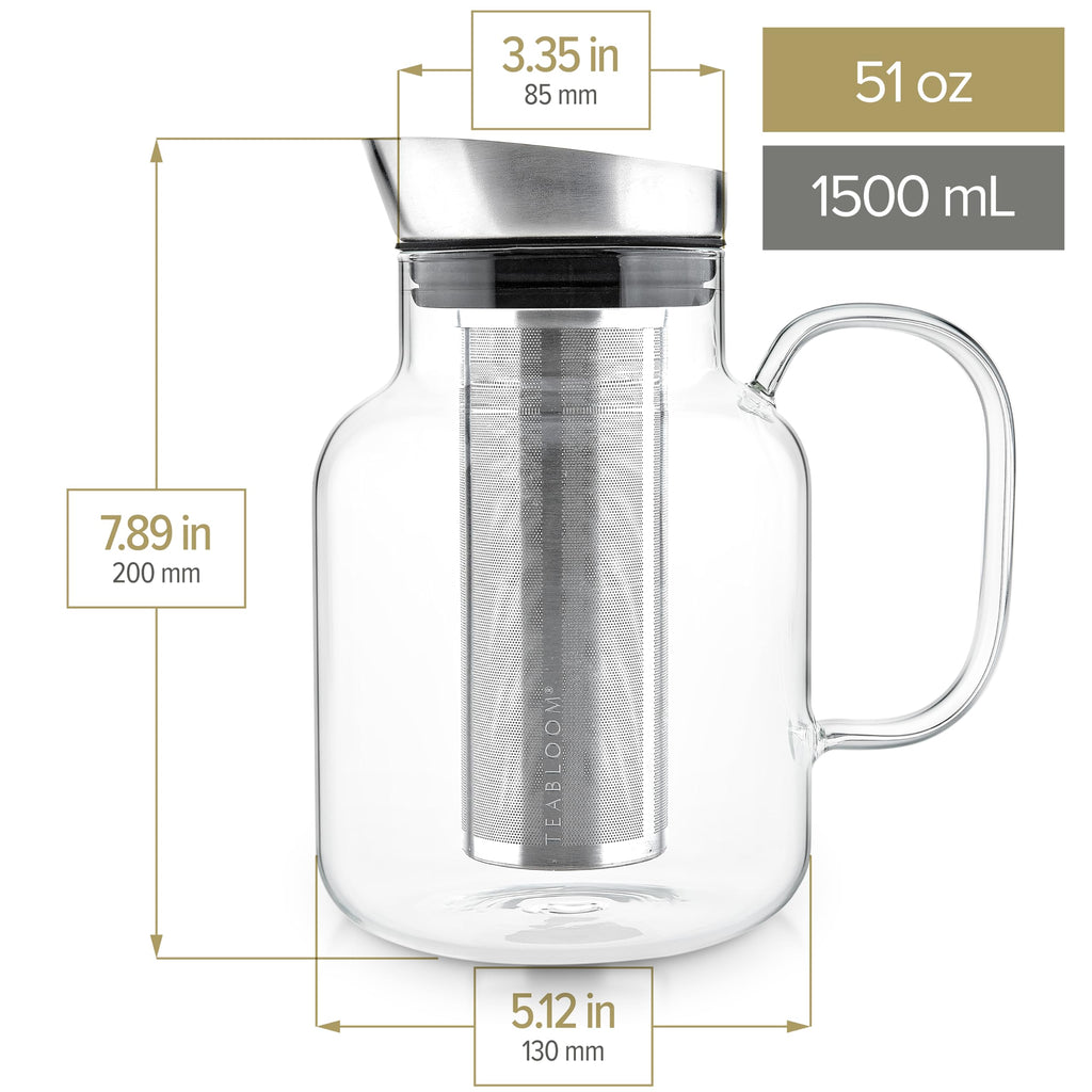 Teabloom 100% Plastic-Free Large Multi-Brew Borosilicate Glass Teapot + Kettle + Pitcher – Steep and Serve Hot Tea, Iced Tea, Cold Brew Tea and Fruit Infused Water – Legacy Tea Maker