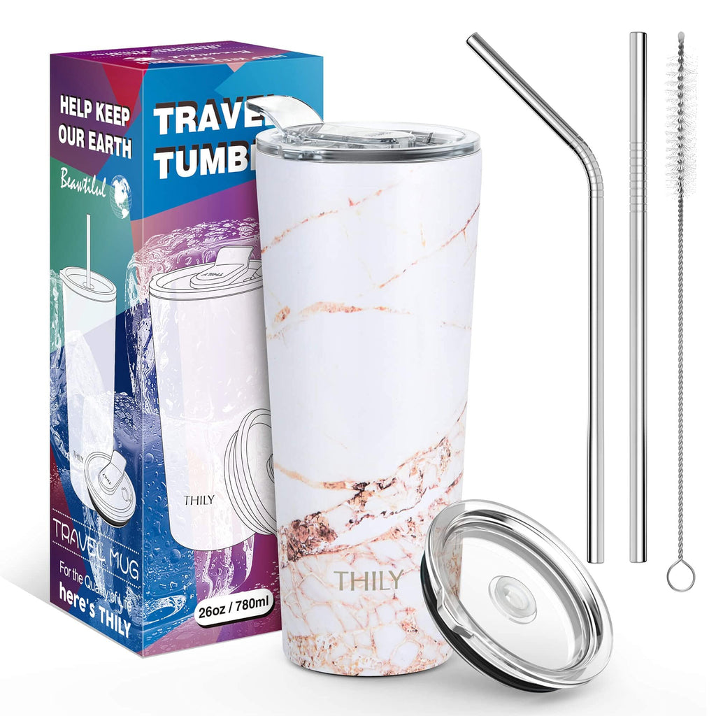 THILY Stainless Steel Vacuum Insulated Tumbler Travel Mug 26 oz Coffee Cup with 2 Lids and Straws, Splash Proof, Keep Ice Drinks Cold, Gold Marble