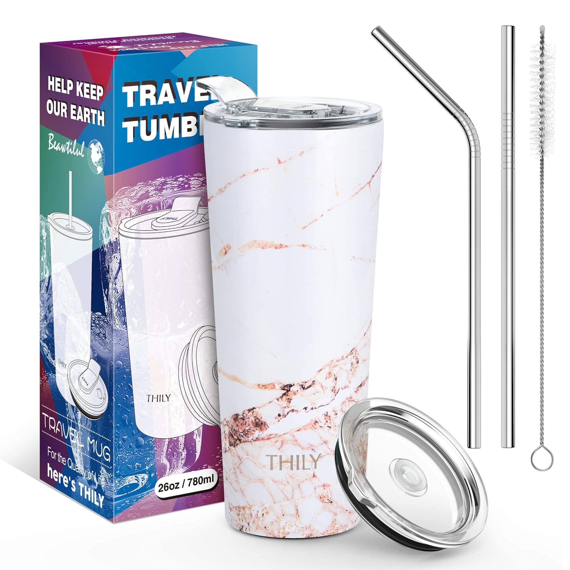 THILY Stainless Steel Vacuum Insulated Tumbler Travel Mug 26 oz Coffee Cup with 2 Lids and Straws, Splash Proof, Keep Ice Drinks Cold, Gold Marble