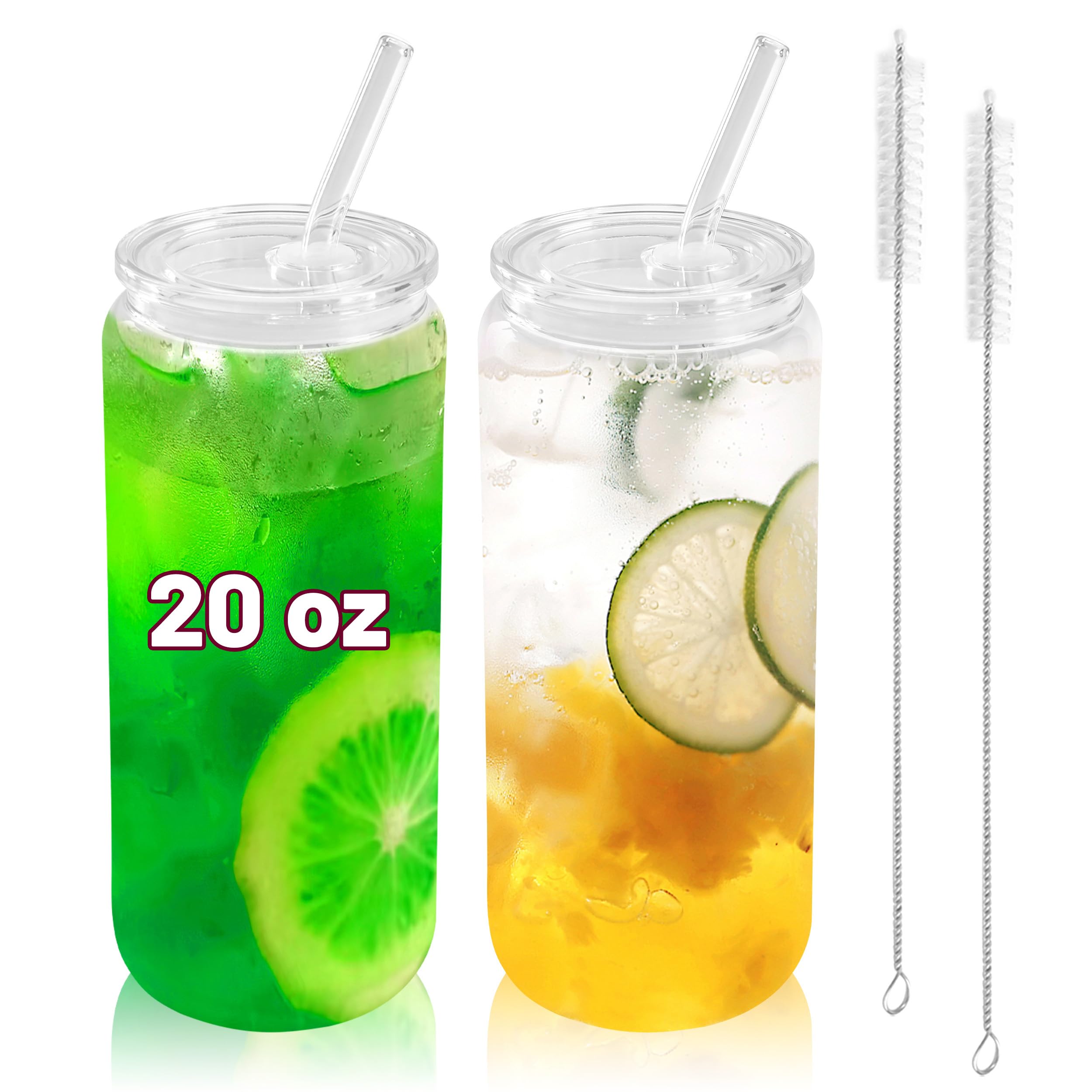 Joyclub 2pcs Glass Cups with Acrylic Lids and Straws 20 oz Drinking Glasses