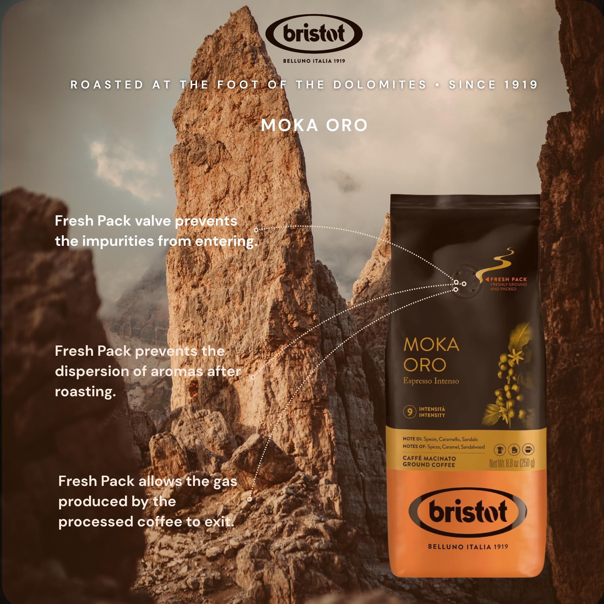 Bristot Moka Oro Ground Coffee – Italian Espresso – Medium Roast – Notes of Spices, Caramel & Sandalwood – For Moka, French Press, Pour Over – 8.8oz (250g)