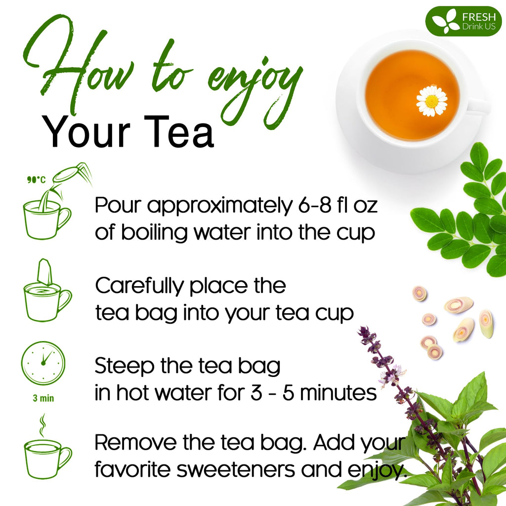 FreshDrinkUS, Premium 55 Tea Bags Tulsi Moringa Lemongrass, 100% Natural & Pure from Tulsi Holy Basil Leaves, Moringa & Lemongrass. Made with Natural Material Tea Bags. No Sugar, No Caffeine, Vegan.