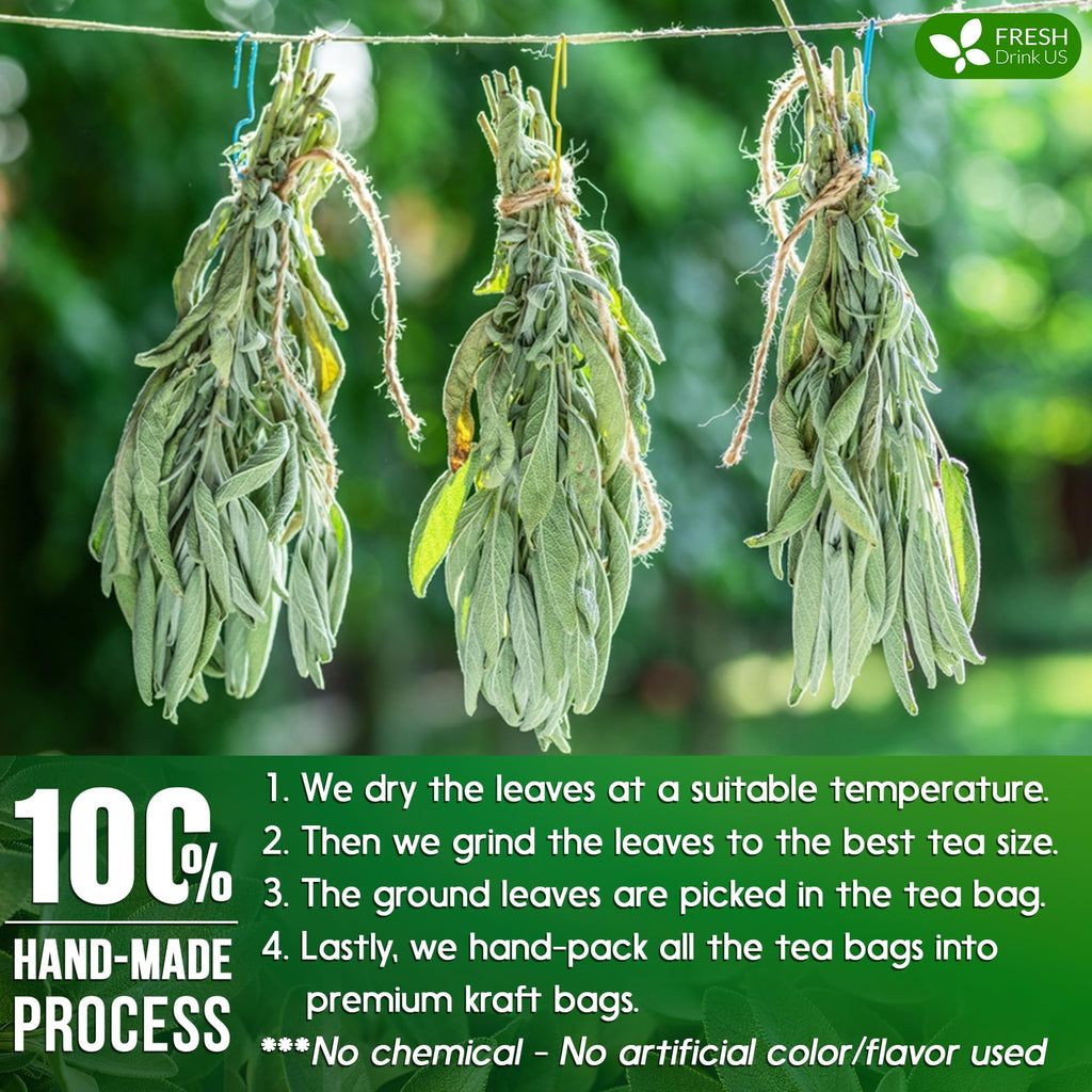 FreshDrinkUS, Premium 35 Sage Leaf Tea Bags, 100% Natural & Pure. Loose Leaf Herbal Tea. Made with Eco-Conscious Tea Bags. No Sugar, No Caffeine, No Gluten, Vegan.