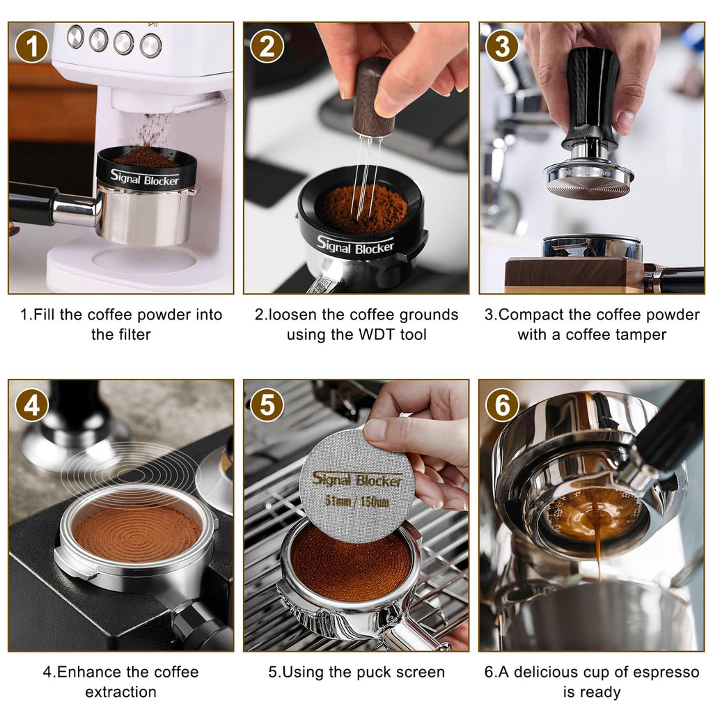 51mm Espresso Coffee Tamper for Espresso Machine: Calibrated Spring Loaded & Stainless Steel Ripple Base - Carbon Fiber Handle with Constant 30lb Fits All 51mm Portafilters | Bundle Including WDT Tool