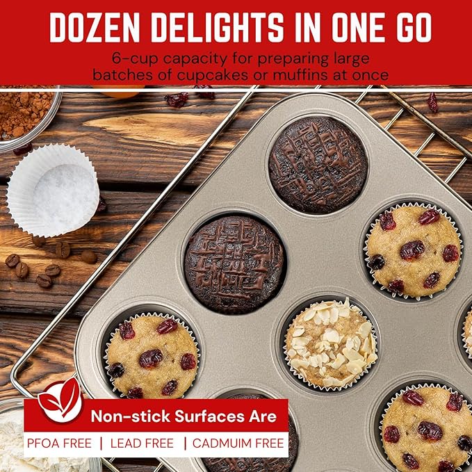 Flexzion Muffin Tray Cupcake Baking Pan 2 Pack, 12-Cup Nonstick Carbon Steel Muffin Tin Non-Stick Cupcake Tin Bakeware Accessories for Baking Cupcake Muffin Brownies Snack, Fridge Safe, Champagne Gold