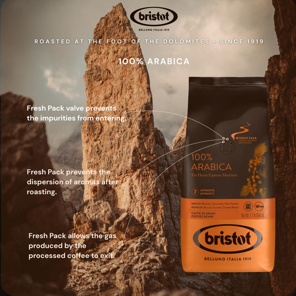Bristot 100% Arabica Italian Espresso Beans – Medium Roast Coffee – Smooth & Aromatic with Notes of Biscuit, Caramel & Toasted Bread – 1.1 lb (500 g)