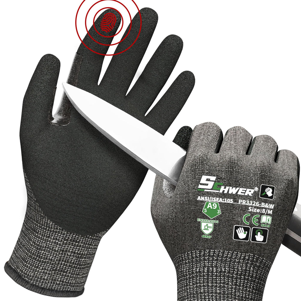 Schwer ProGuard High Level Cut Resistant Work Gloves PR3326 for Extreme Protection，ANSI A9 Cut Gloves with Reinforced Thumb, Non Slip, Breathable, Durable, Touch-screen, Black 1 Pair（M）