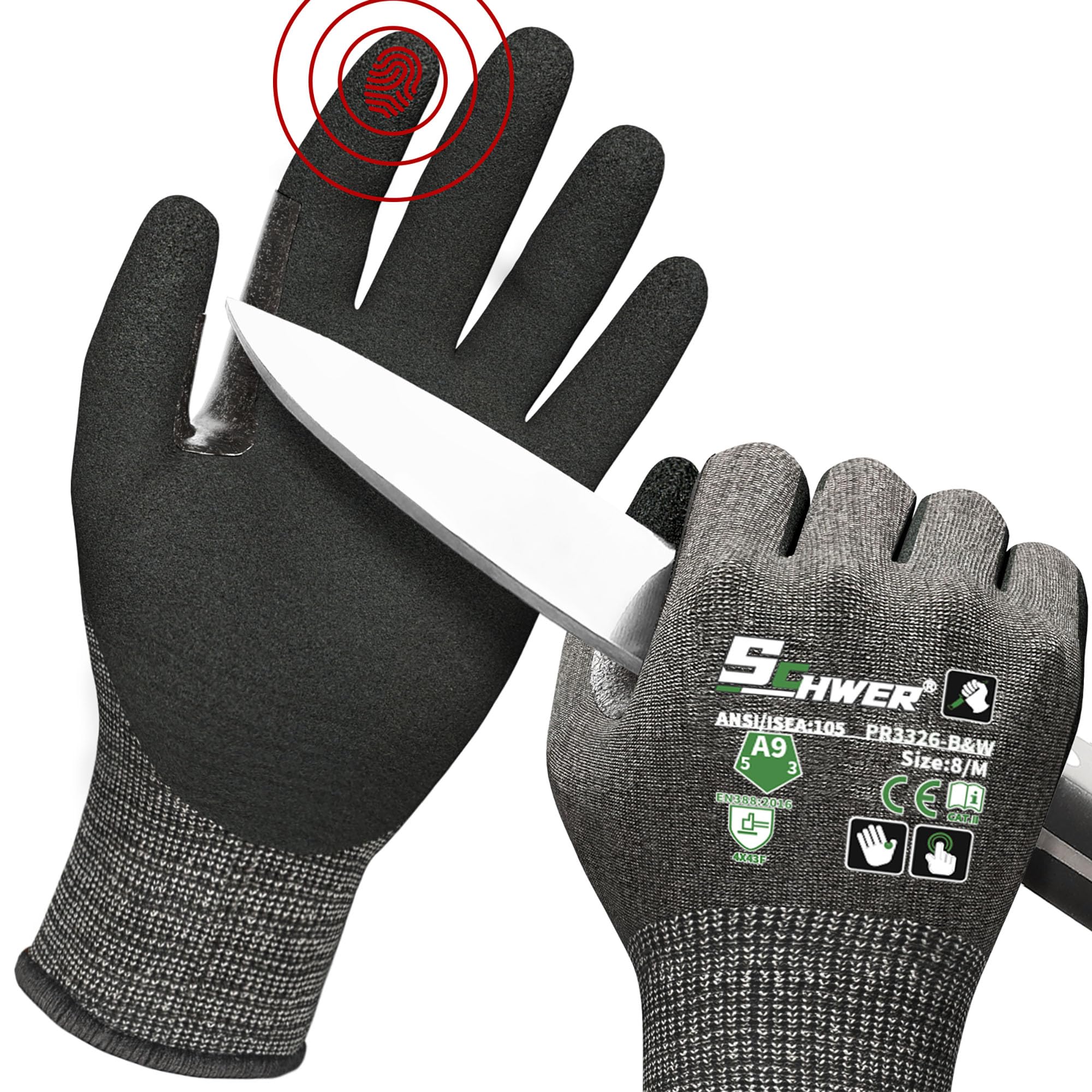Schwer ProGuard High Level Cut Resistant Work Gloves PR3326 for Extreme Protection，ANSI A9 Cut Gloves with Reinforced Thumb, Non Slip, Breathable, Durable, Touch-screen, Black 1 Pair（M）