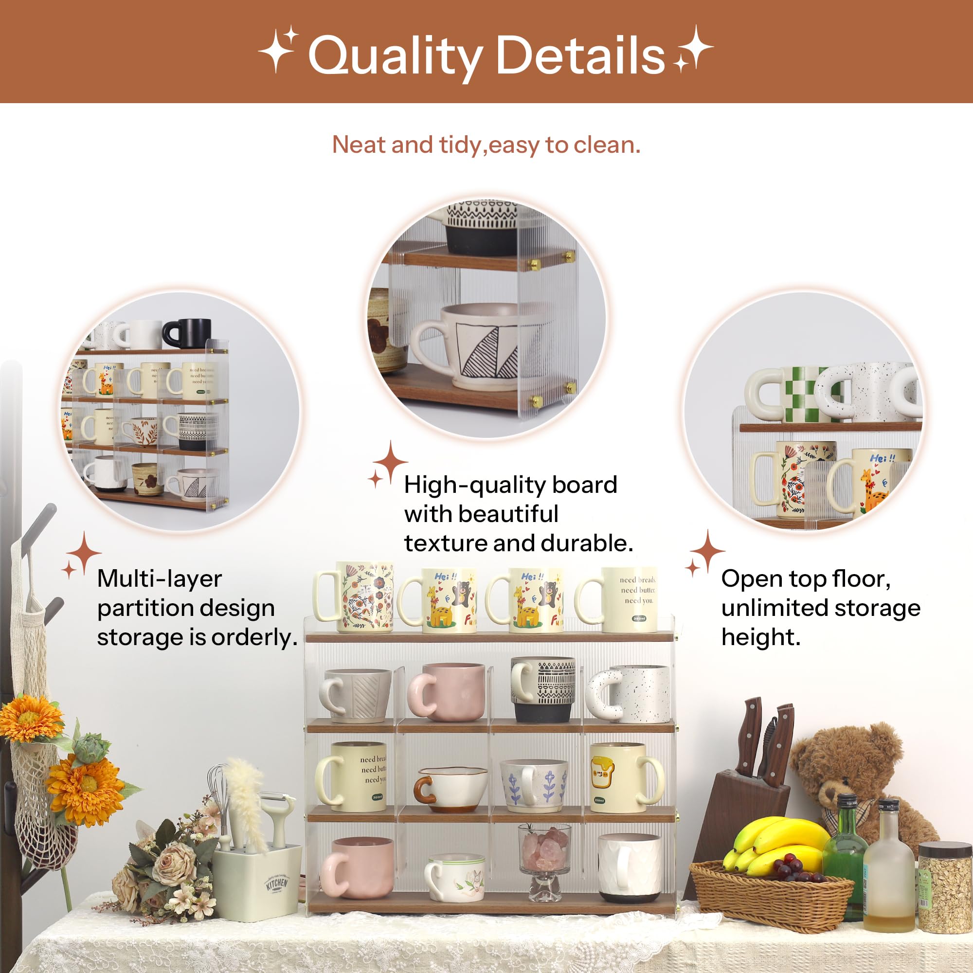 KAOTGOT Mug Shelf 4-Tier Walnut Coffee Cup Displays,Kitchen Spice Storage