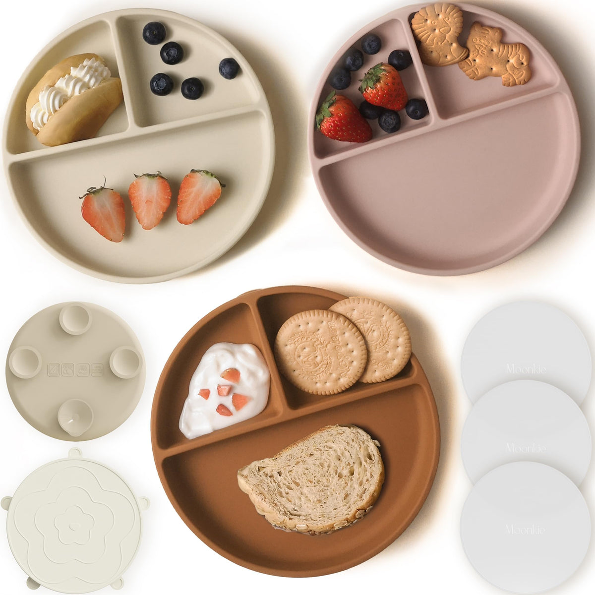 Moonkie Suction Plates for Baby | 100% Silicone BPA-Free Baby Plates with Lids and Food Cover | Divided Design | Microwave and Dishwasher Safe | Toddler Plates 2 Pack