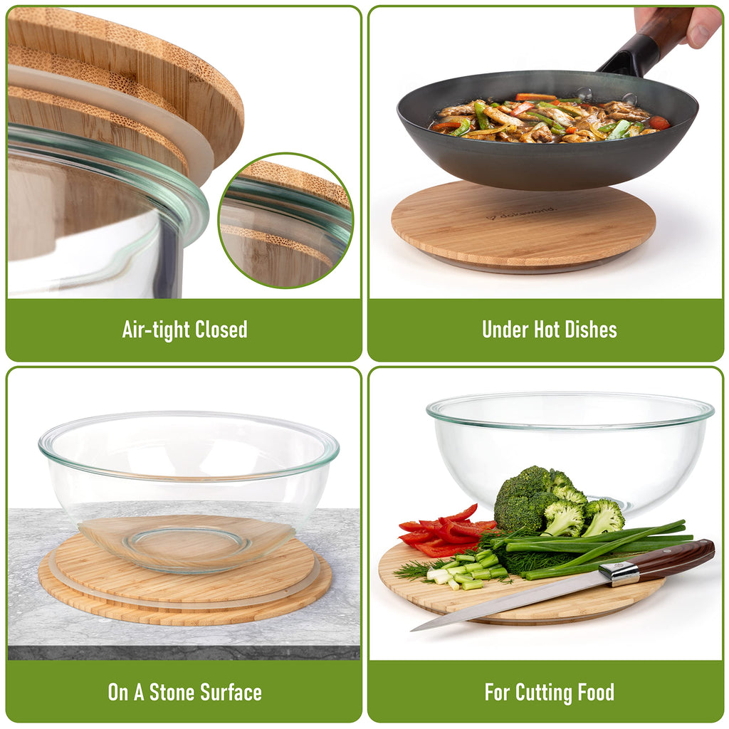 dokaworld Stackable Space-Saving Set of 5 Nesting Glass Bowls with Bamboo Lids for Foodprep, Storage, Baking, Mixing & Cooking, Microwave & Oven Safe BPA Free Heat Resistant Inert Borosilicate Glass