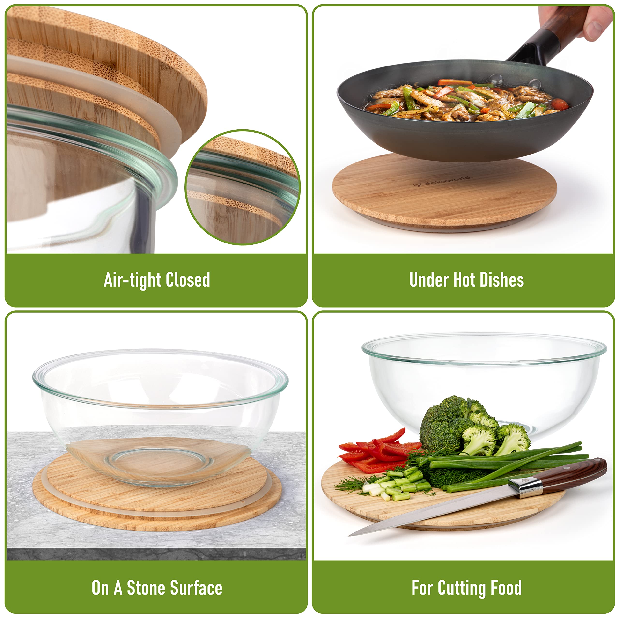 dokaworld Stackable Space-Saving Set of 5 Nesting Glass Bowls with Bamboo Lids for Foodprep, Storage, Baking, Mixing & Cooking, Microwave & Oven Safe BPA Free Heat Resistant Inert Borosilicate Glass