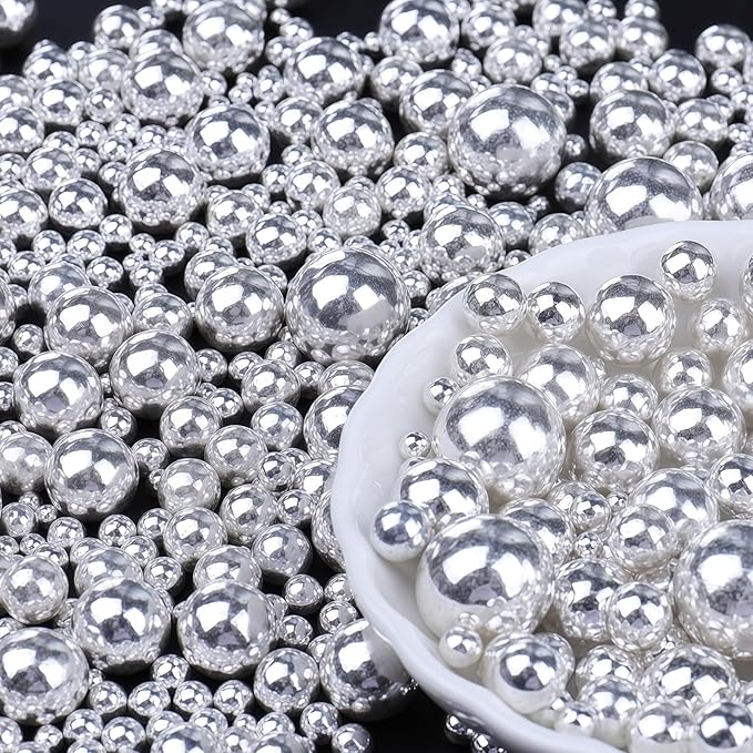 Silver Edible Pearls for Cake Decorating, 6 Sizes Mix 4.6 oz Pearl Sugar Sprinkles Baking Decoration for CupCake Cookies Ice Cream Dessert Topping