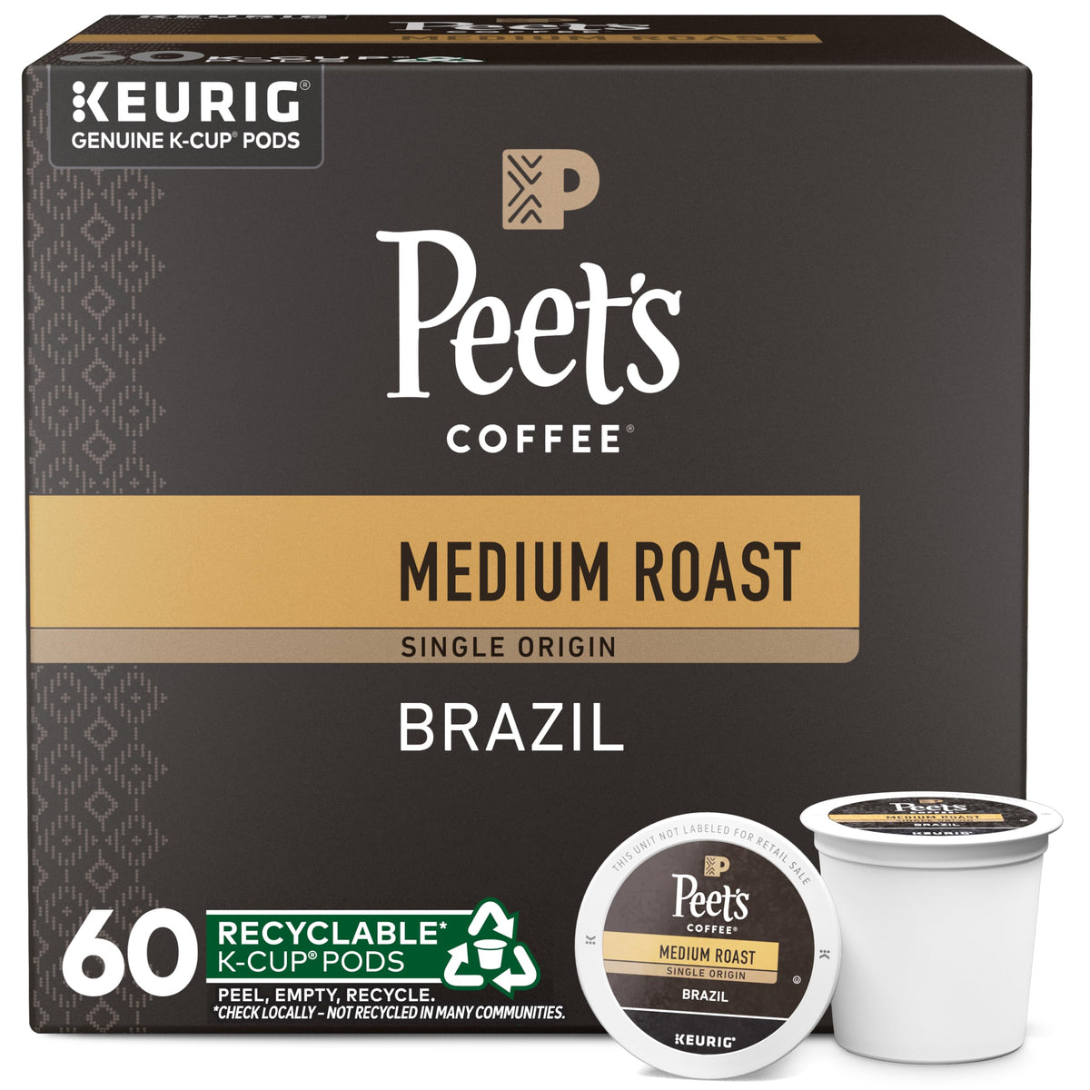 Peet's Coffee Coffee Pods, Medium Roast, Single Origin Brazil, 88 K Cups