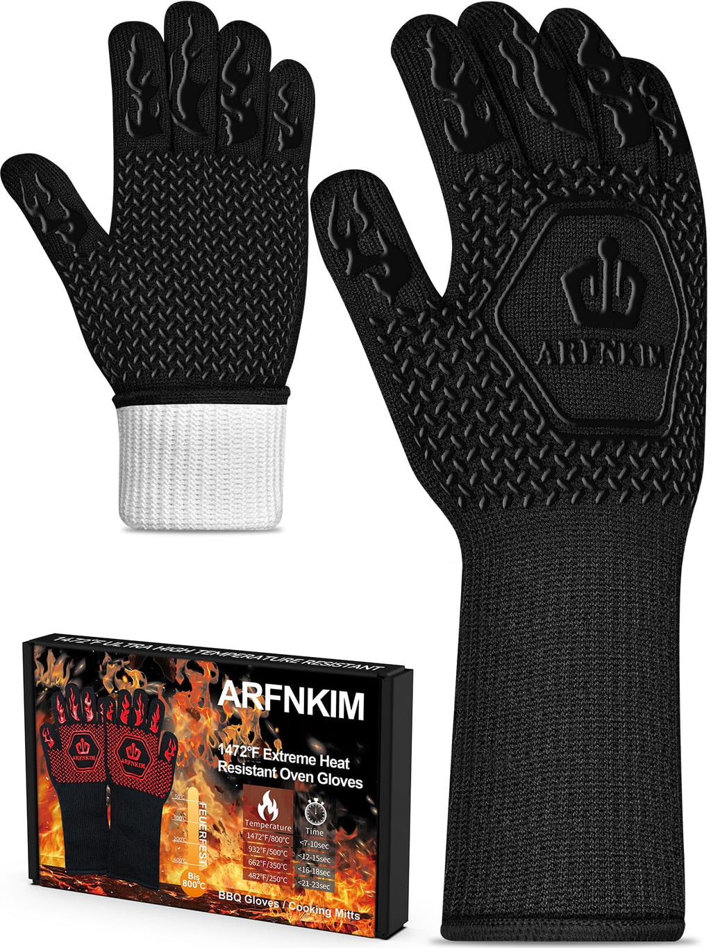 ARFNKIM BBQ Oven Gloves 1472℉ Heat Resistant Oven Mitts Silicone Non-Slip Cooking Gloves for Barbecue, Grilling, Baking, Welding, Smoker (A Pair) (Black)