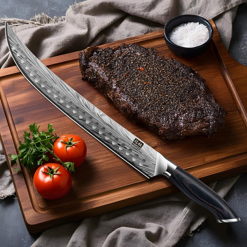 SHAN ZU Butcher Knife in High Carbon Powder Steel, 12 Inch Brisket Knife for Meat Cutting, Carving and Slicing Knives with Ergonomic Pakkawood Handle, Ultra Sharp Meat Breaking Knives