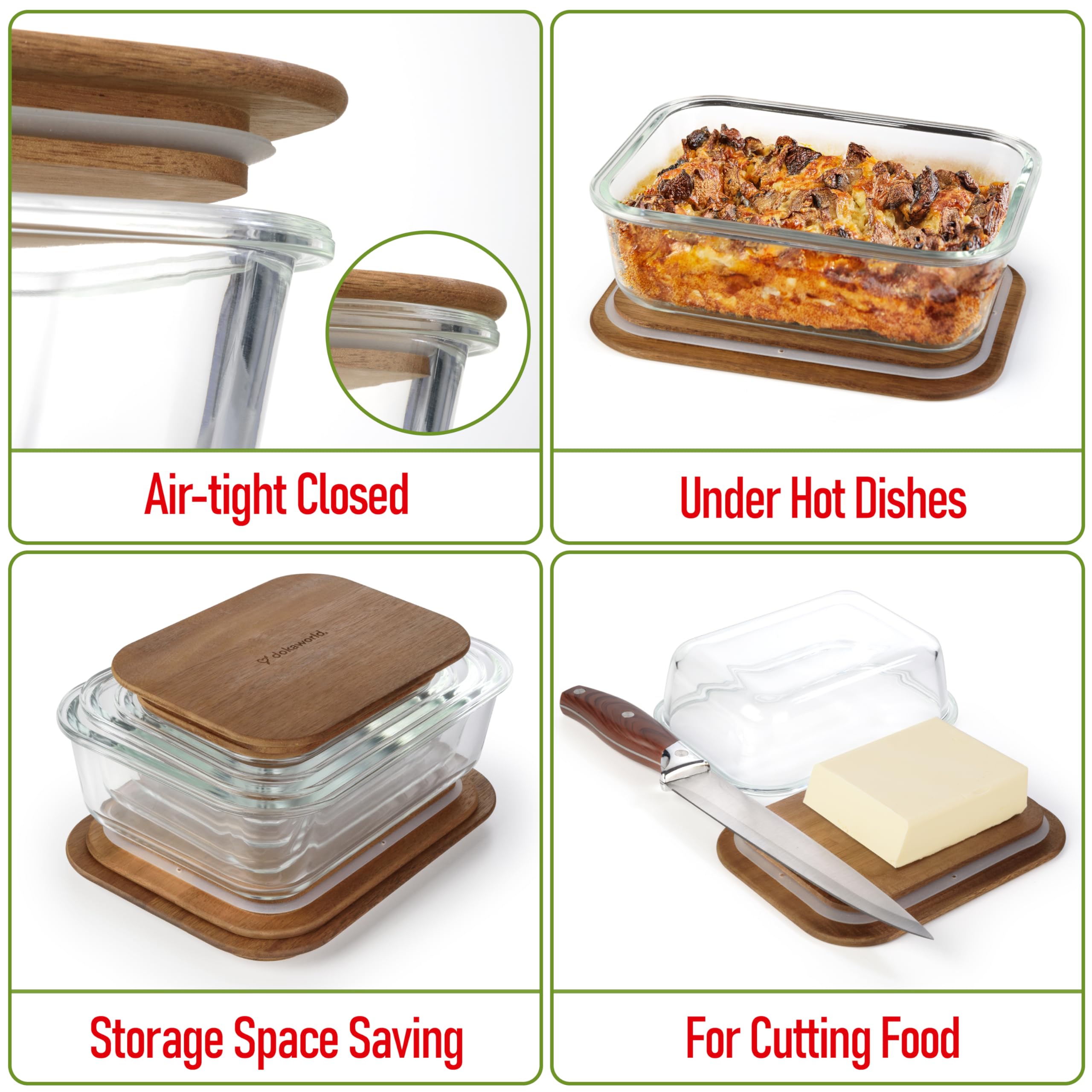 dokaworld Glass Container Set with Acacia Lids - 4 Stackable Meal Prep Containers. Durable heat resistant Inert Borosilicate Glass
