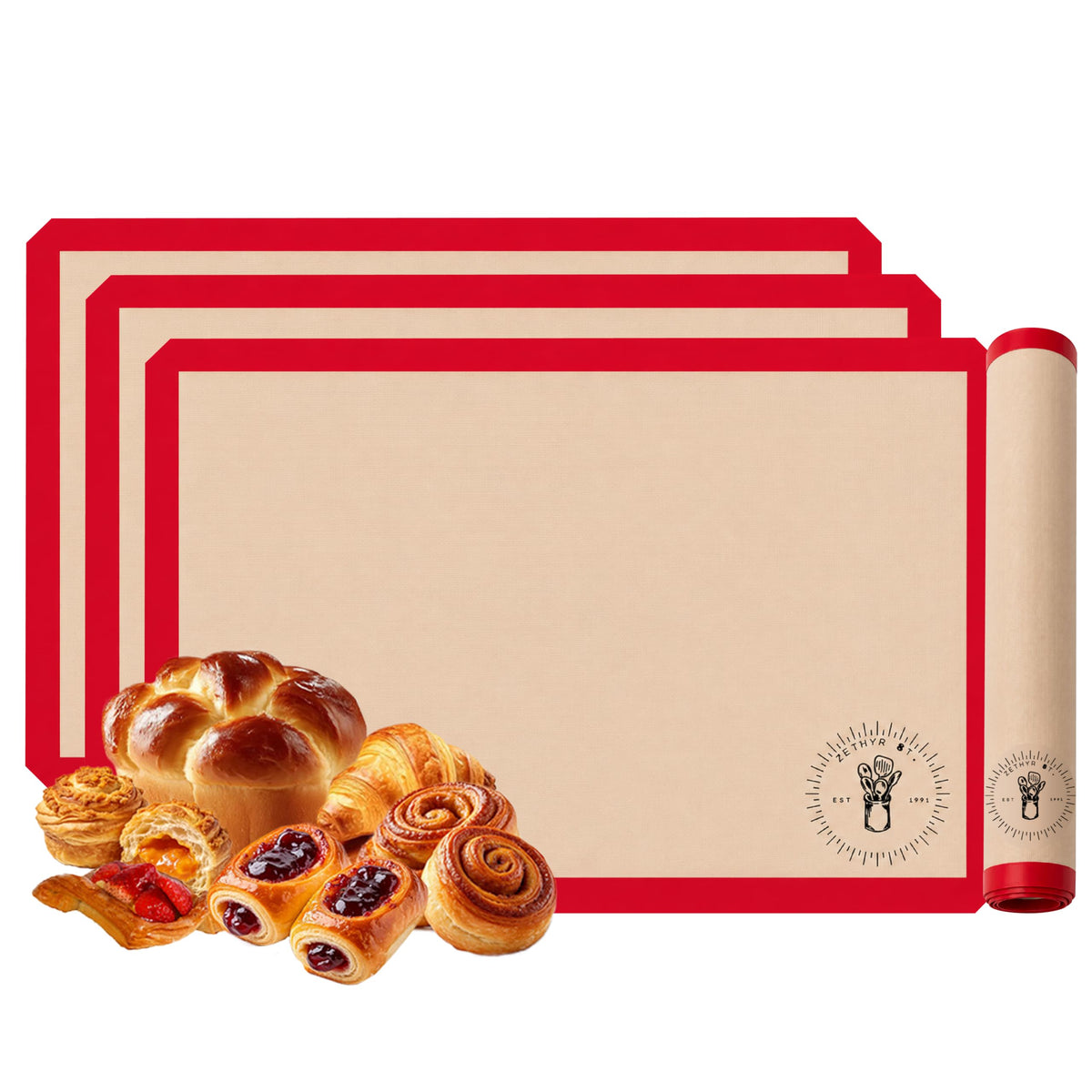 Silicone Baking Mats - 3/4 Size Baking Sheet Liners, Pack of 3, Red