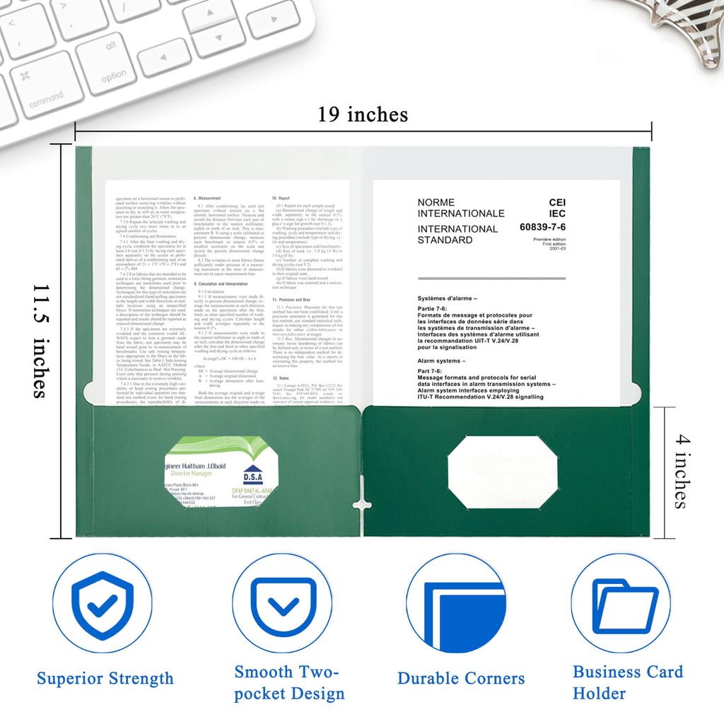 Zzrywuty File folders with Pockets,Green Two folders for documents,50 Pack Paper Folders with Card Slot,Letter Size,School Students,Business,Home and Office Workers