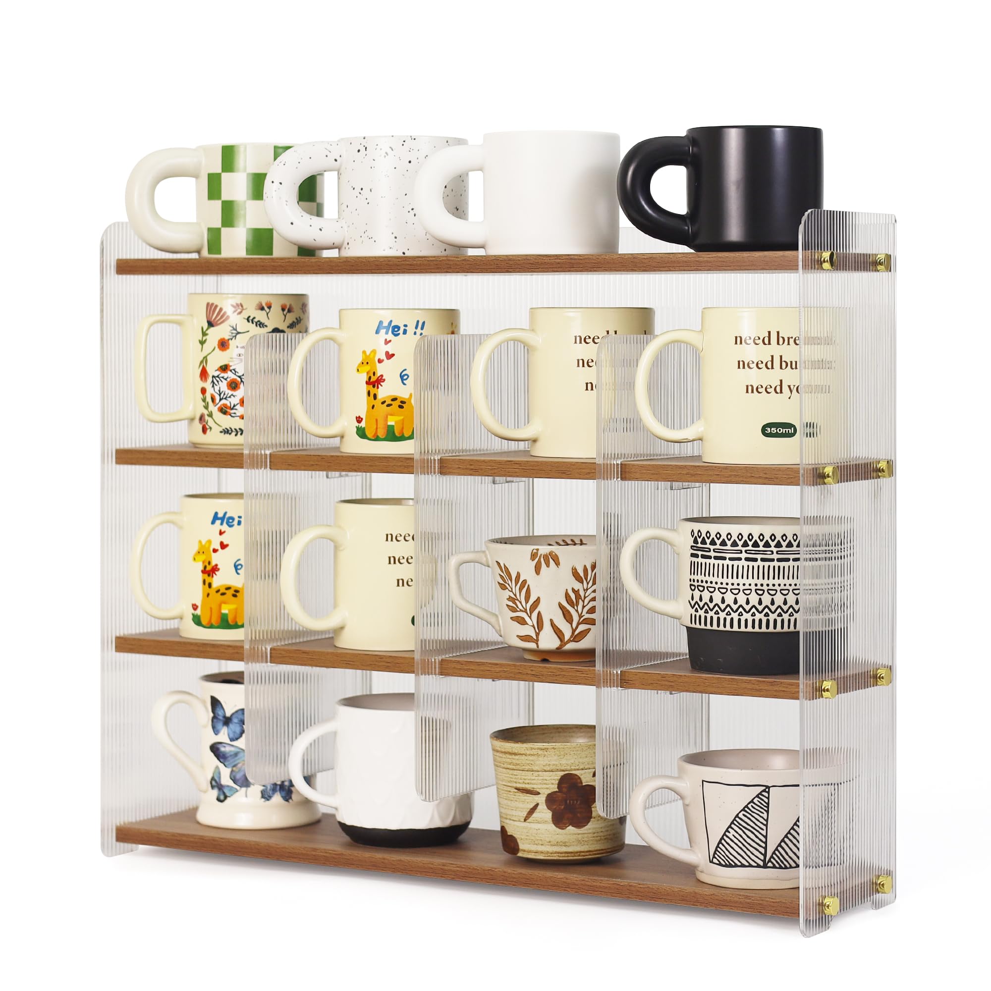 KAOTGOT Mug Shelf 4-Tier Walnut Coffee Cup Displays,Kitchen Spice Storage