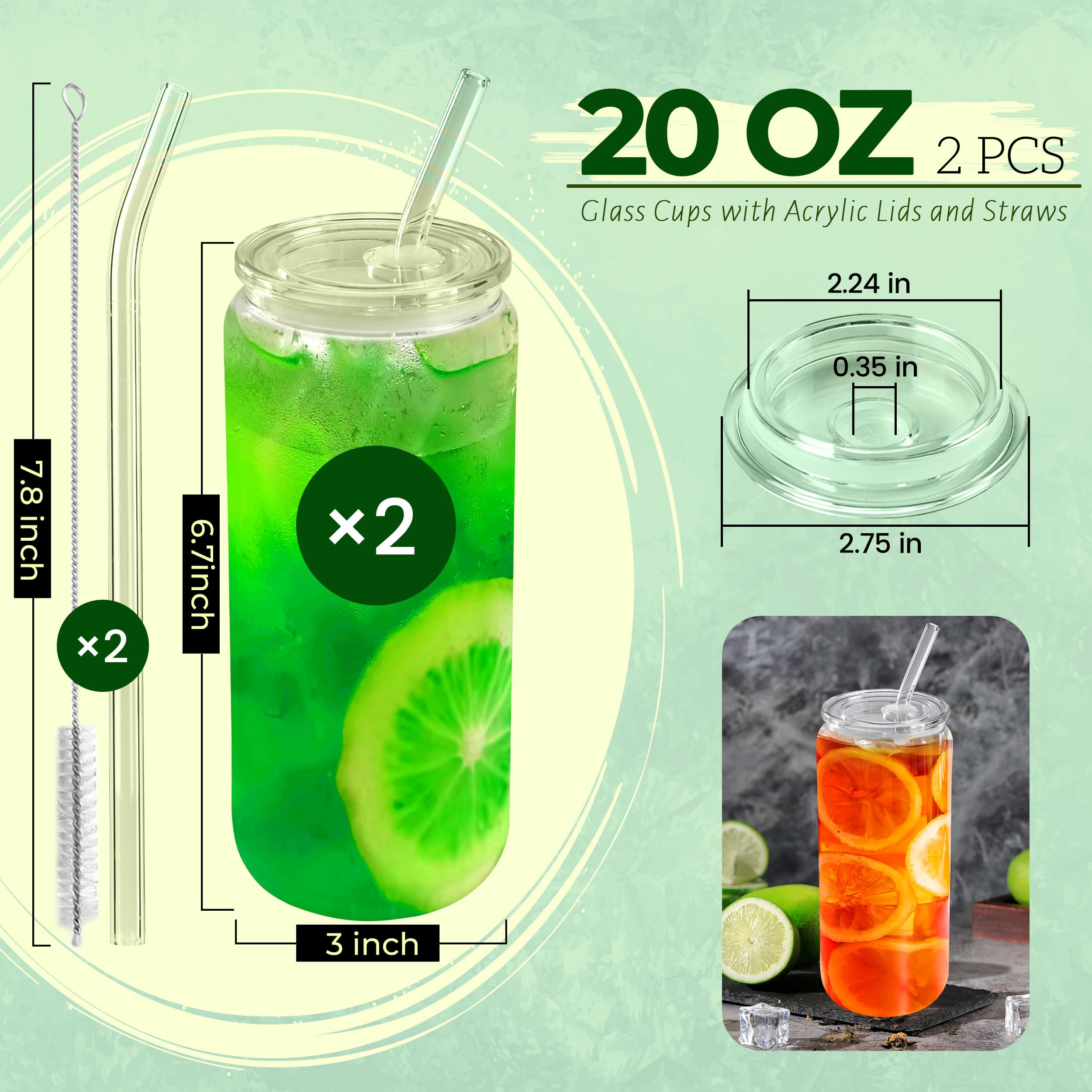 Joyclub 2pcs Glass Cups with Acrylic Lids and Straws 20 oz Drinking Glasses