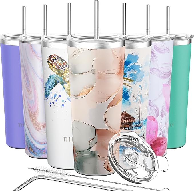 THILY Stainless Steel Vacuum Insulated Tumbler 26 oz Travel Mug Wide Mouth Coffee Cup with 2 Lids and Straws, Splash Proof, BPA Free, Keep Iced Drinks Cold, Golden Bloom Whispers