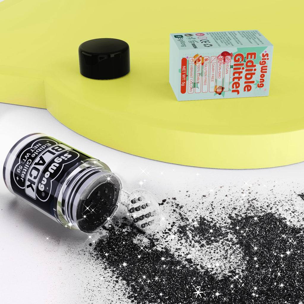Black Edible Glitter - 5g Food Grade Cake Decorating Shimmering Glitter, Edible Sprinkle Luster Dust for Drinks, Chocolates, Fondant, Strawberries, Cupcakes, Candy, Easter Cookie - Vegan