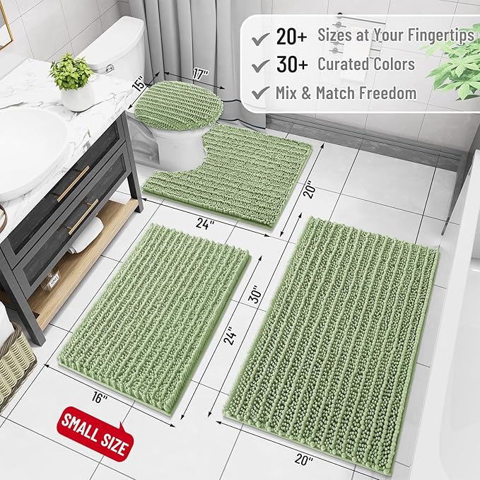 Arotive Luxury Chenille Bathroom Rug Mat, Extra Soft Thick Absorbent Shaggy Bath Rugs, Non-Slip Machine Wash Dry, Plush Bath Mats for Bathroom, Shower and Tub, 60x24, Sage Green