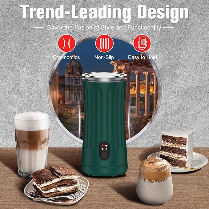 Electric Milk Frother, 4-in-1 Milk Steamer and Frother, 8.1oz/240ml Automatic Warm and Cold Foam Maker, Auto Shut-Off Frother for Coffee, Latte, Cappuccino, Macchiato(Green)