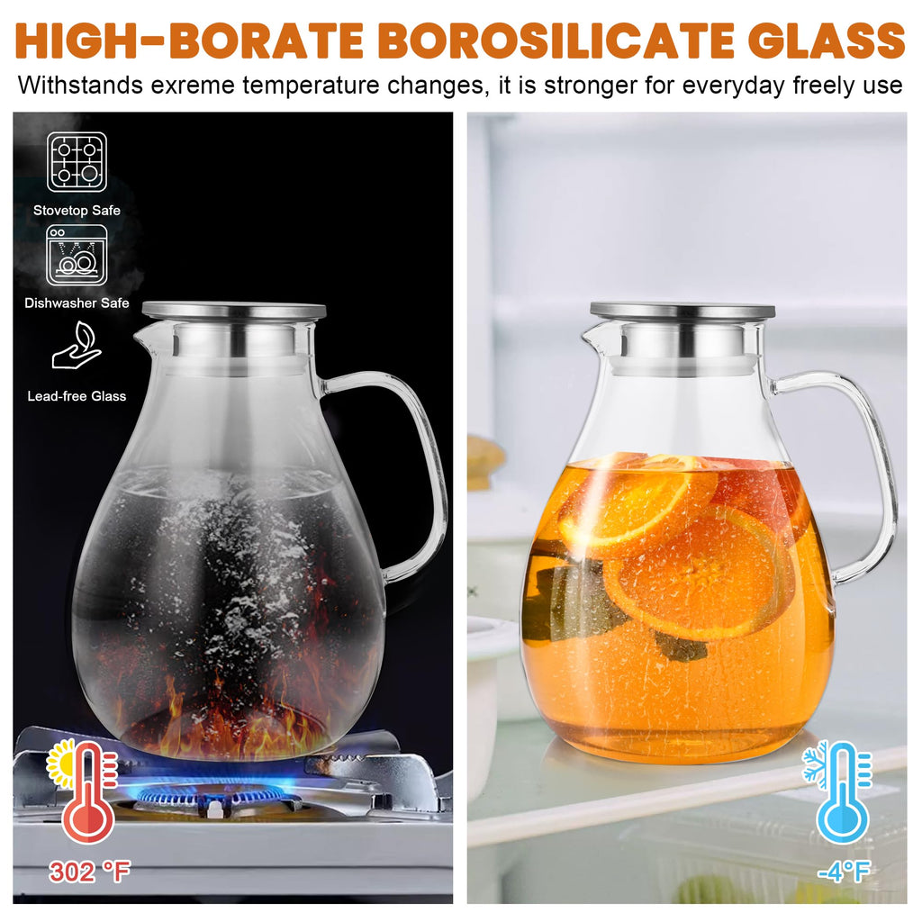 SUSTEAS 3 Litre 101oz Glass Pitcher with Lid and Spout, Handmade Pitcher