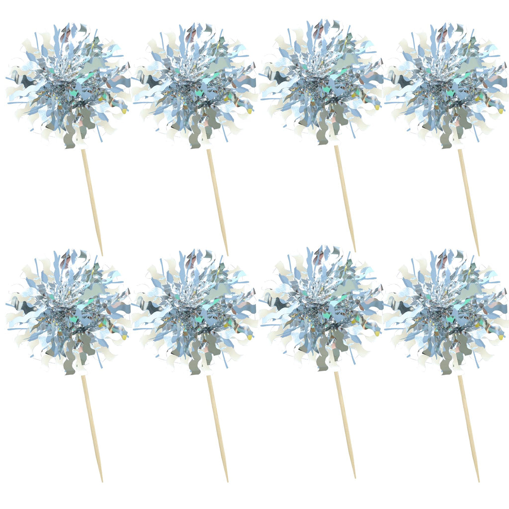 Ephlyn 30Pcs Foil Firework Cupcake Toppers Happy Birthday Cake Toppers Tinsel Flower Drink Stirrers Cocktail Food Fruit Toothpicks for Valentine's Day Party Decorations Silver