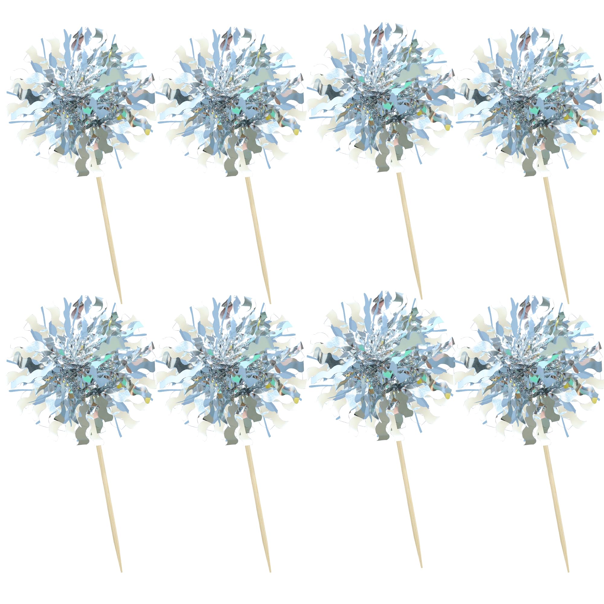 Ephlyn 30Pcs Foil Firework Cupcake Toppers Happy Birthday Cake Toppers Tinsel Flower Drink Stirrers Cocktail Food Fruit Toothpicks for Valentine's Day Party Decorations Silver