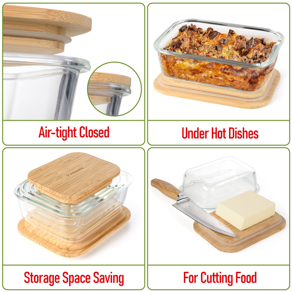 dokaworld Set of 4 Stackable Space-Saving Nesting Glass Containers with Airtight Bamboo Lids - Lunch, Meal & Food Prep - Microwave & Oven Safe BPA Free Durable Heat Resistant Inert Borosilicate Glass