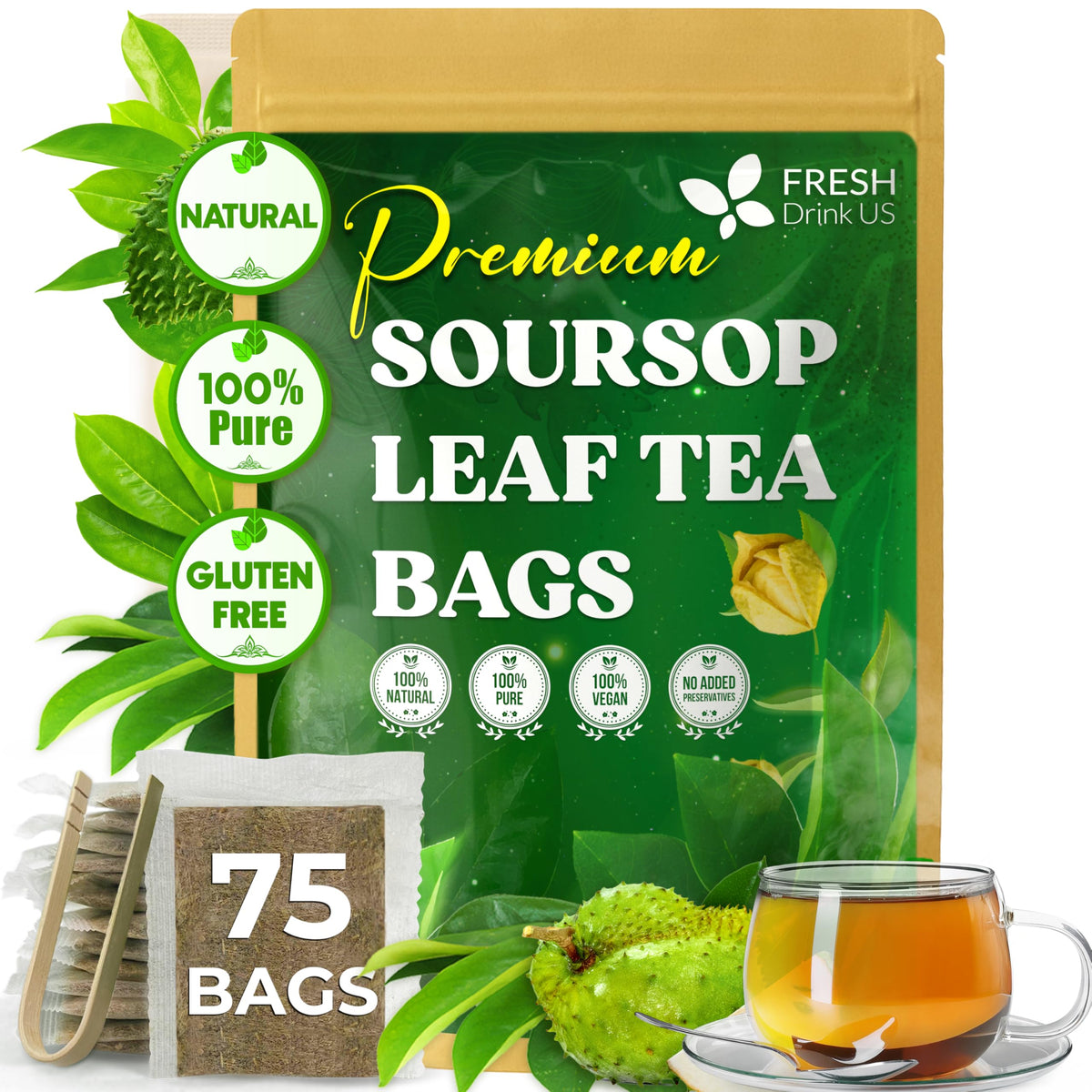 FreshDrinkUS, Premium Soursop Fruit Tea, 60 Count, Pure, Caffeine Free