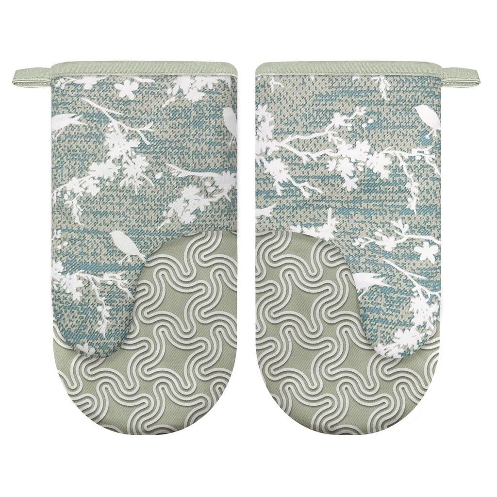 Alselo Thumb Oven Mitts, Heat and Slip Resistant Silicone Kitchen Mittens 2-Pack Set, Aqua Birds Soft Long Oven Gloves, Flexible Thick Potholders for Safe Baking Cooking and Grilling (Aqua)